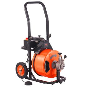 VEVOR Drain Cleaner Machine 100 FT x 1/2 Inch, Sewer Auger Auto Feed with 4 Cutter & Air-activated Foot Switch for 1" to 4" Pipes, Orange, Black