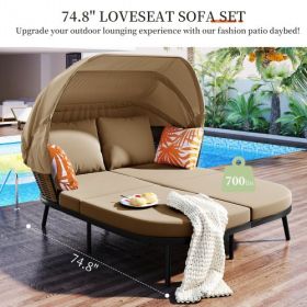 TOPMAX 74.8" L Patio Daybed with Retractable Canopy, Outdoor Rattan PE Wicker Back Loveseat Sofa Set with Throw Pillows and Cushions for Backyard, Poo