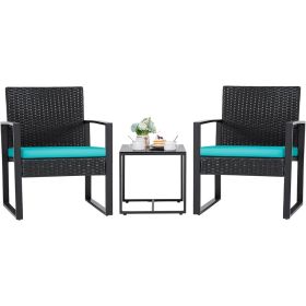 Flamaker 3 Pieces Patio Set Outdoor Wicker Furniture Sets Modern Rattan Chair Conversation Sets with Coffee Table for Yard and B (Color: Blue)